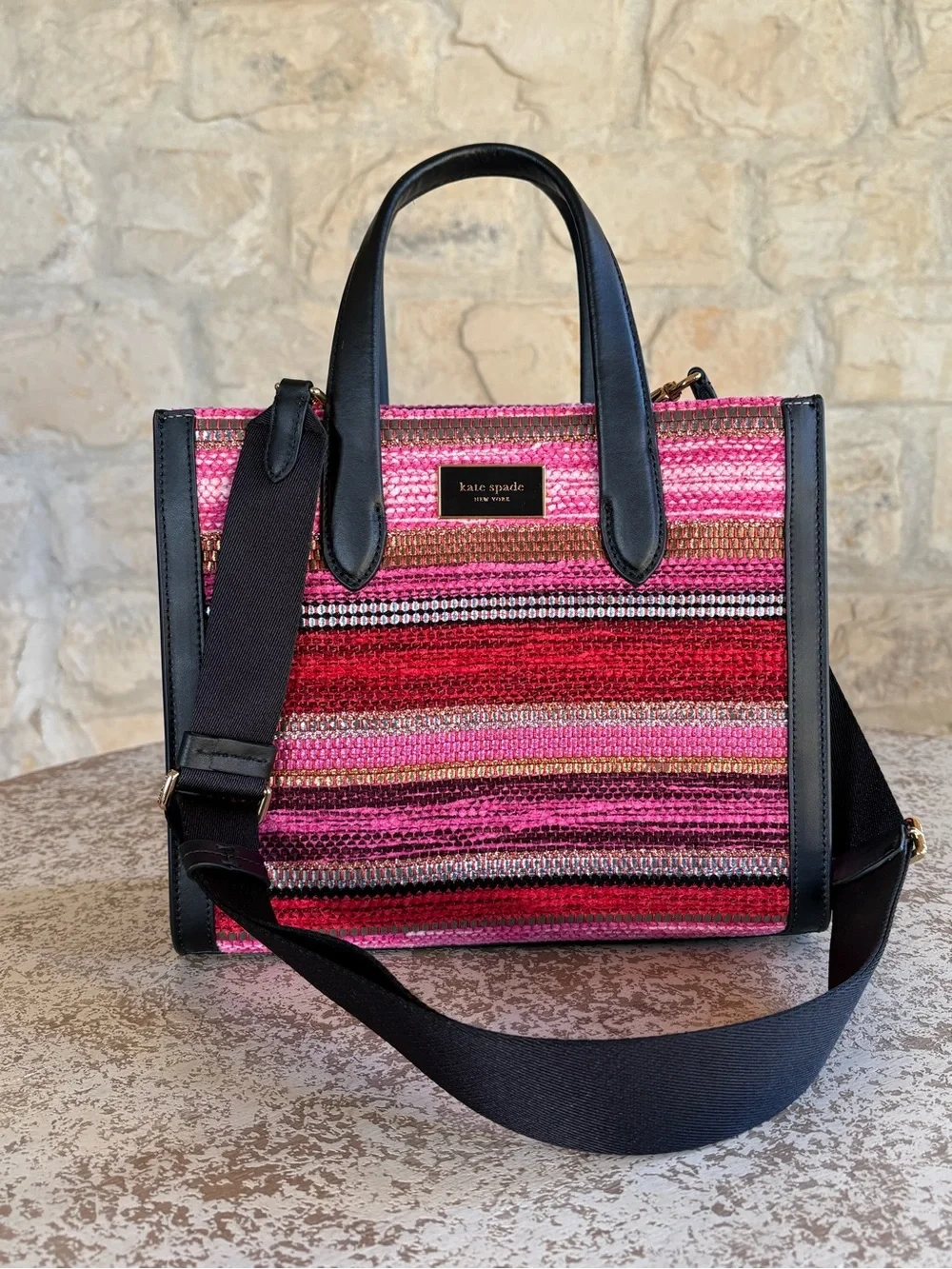 kate spade Pink and Red Striped Straw Satchel with Black Trim